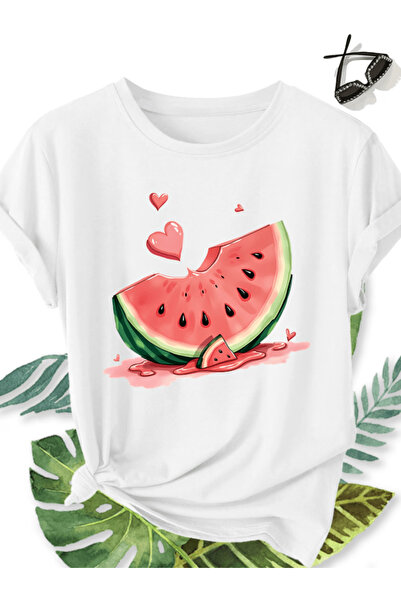 one button Watermelon and heart detail printed premium oversize t-shirt