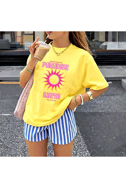 SUNFREE Tricou de bază cu mânecă scurtă, supradimensionat, cu imprimeu PARADISE