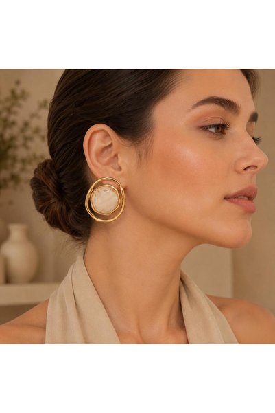 So Much Accesories Gold Framed Cream Stone Women's Earrings with Marble Look