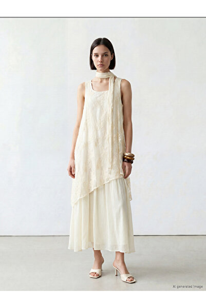 LC Waikiki Nevavm Square Collar Shawl Detailed Lace Dress with a Difference