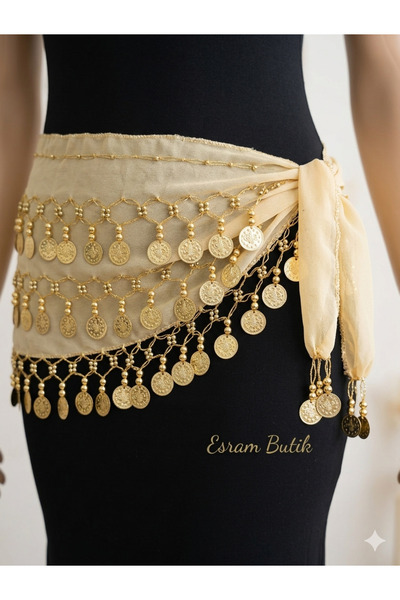 Esram Butik Açık Sarı Şakira Kemeri, Gold Detaylı Oryantal Dansöz Kemeri Pull...