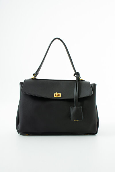 LOTUSVİE Women's Black Gold Lock Accessory Detailed Hand and Shoulder Bag
