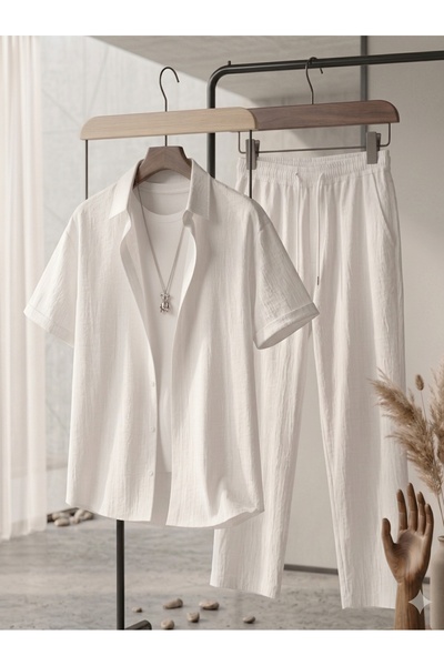 Let's Wear Men's Crinkle Fabric Summer Lycra Short Sleeve Shirt and Pants Set...
