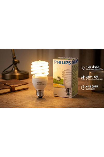 Philips 23W Twister Enerji Tasarruflu Ampul E27 Duy Sıcak Sarı Işık 1570 Lümen (110W Etkisi)