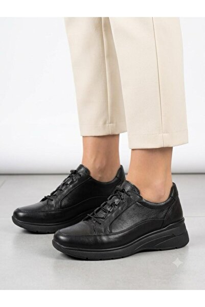 Voyager Women's Black Genuine Leather Orthopedic Thick Soled Casual Shoes