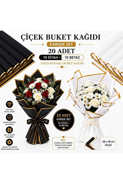 jelatin 20 Adet Karışık Siyah Beyaz Gold Kenarlı Buket Kağıdı (10 Siyah + 10 ...