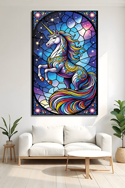 AltmışAltı Lüks Vitray Görünümlü Unicorn Cam Tablo Modern Çocuk Genç Odası