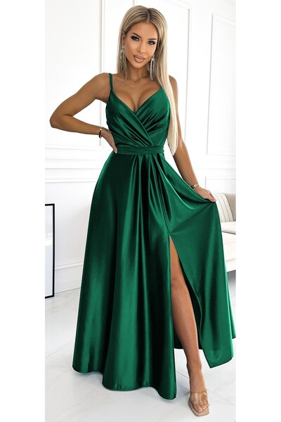 OEM Rochie lungă elegantă de satin cu decolteu - VERDE STICLĂ de Sarbatori