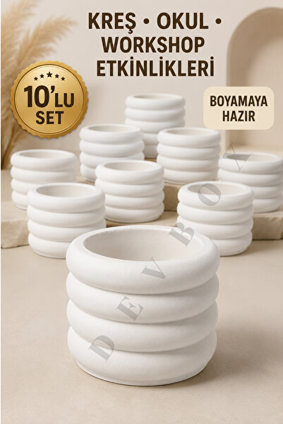 devhome 10'lu Dalgalı Mini Saksı Boyama Figürü Seti - Boyamaya Hazır Alçı Obj...