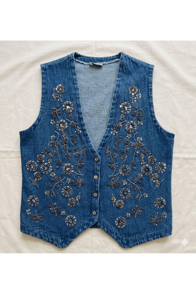 MetuCA Ženski jeans prsluk sa plavim kamenčićima i šljokicama, pamučni, V-izr...
