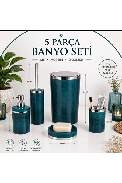 HÜCO BAZAAR Kaliteli Şık 5 Parça Mermer Desen Banyo Seti (Çöp Kovası, Wc Fırç...