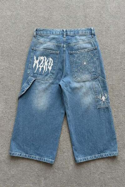Karakedi Pantaloni scurți unisex largi, albi, cu broderie MZKD Spider, stil Y2K
