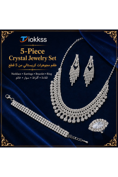 Tiokkss 5-Piece Crystal Rhinestone Jewelry Set for Women, Silver Bridal Neckl...
