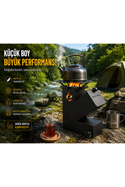 EyluX Shop Roket Soba, Rocket Stove 27x21x9,5 Kamp Ocağı, Odun Veya Pelet Kol...