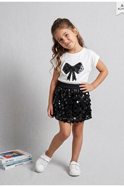 azra kids Kız Çocuk Payetli Fiyonk Tişört ve Şort Etek Takımı🤍🖤