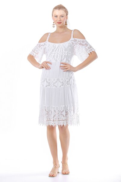 della moor White Italian Window-Pane Lace Strap Midi Dress Size 38 - 44
