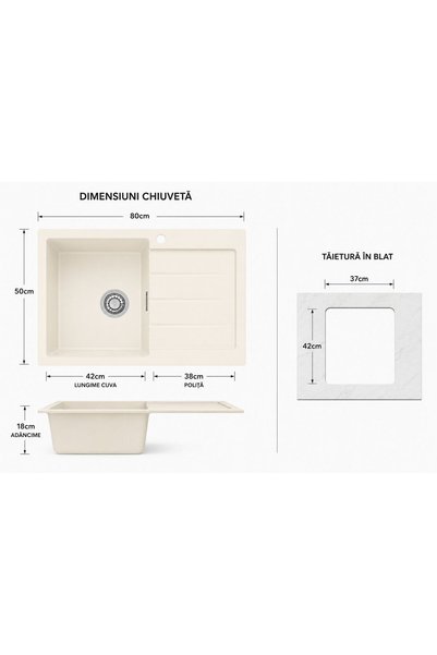 Radinavico Chiuvetă de Bucătărie Încorporabilă din Compozit Granit, Cuva 42x50cm cu Picurător
