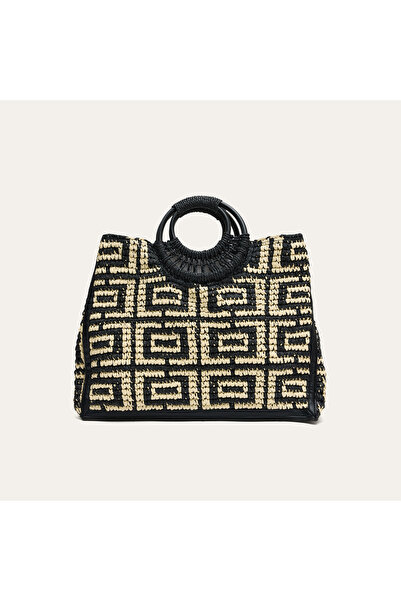 Mudo Women's Black Patterned Straw Handbag