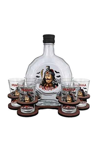 OEM Set suvenir Dracula Vlad Tepes din lemn cu o flaconă tip ploscă și 6 paha...