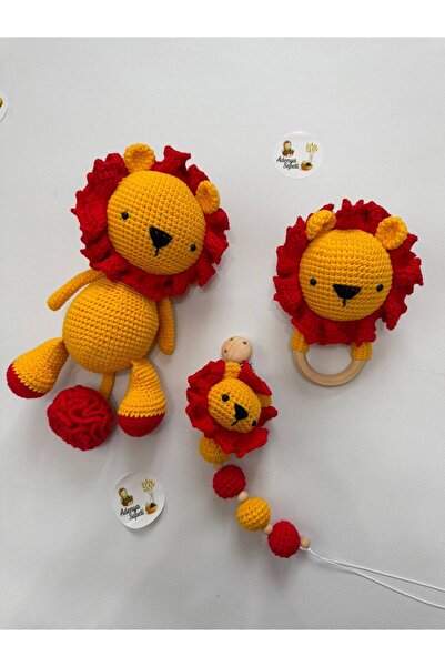 Amigurumi Örgü Aslan Üçlü Set-Sarı Kırımızı