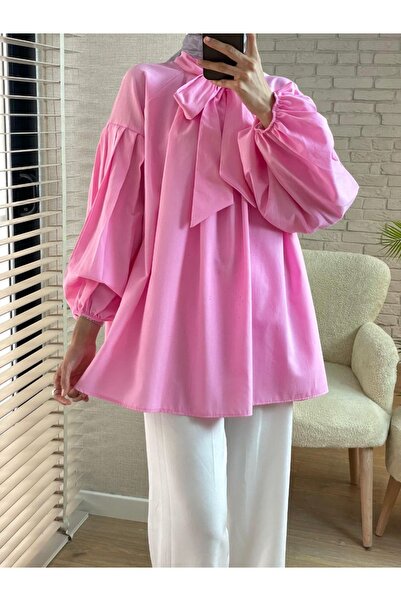 Bahar Altundemir Oversize Balloon Sleeve Women's Pink Shirt with Scarf Detail