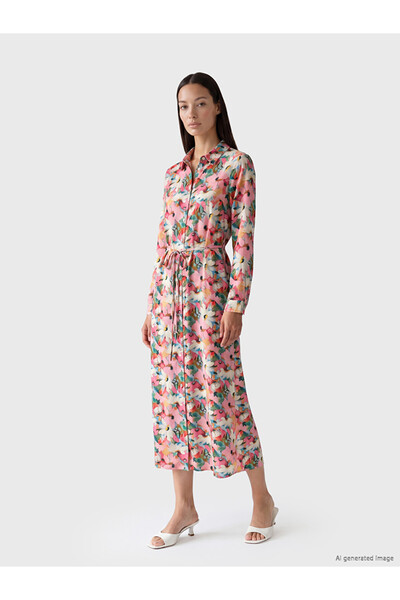 LC Waikiki Lcw Studio Mixed Floral Belted Shirt Dress