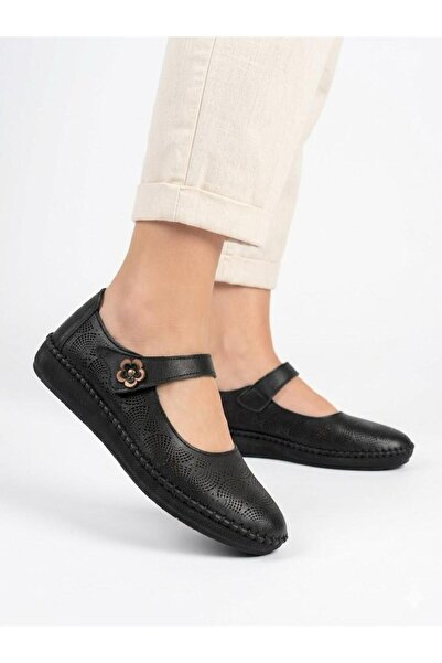 Lütfi Women's Black Genuine Leather Orthopedic Soft Sole Casual Shoes