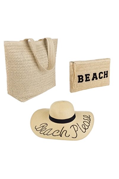 JMB Set Geanta Ecru de Plaja 48x15x38cm, Portfard din Paie "Beach" 29x20cm si...