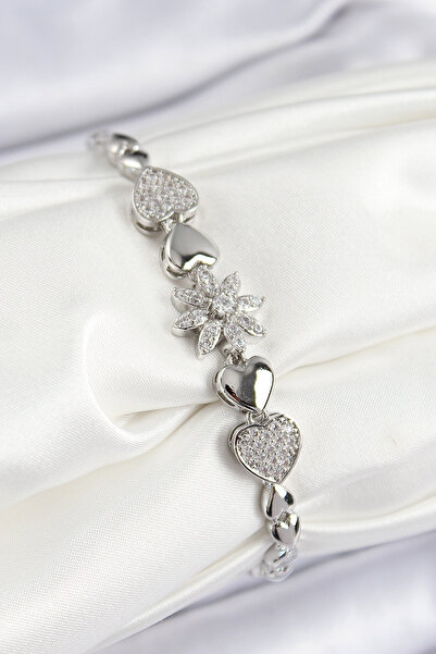 OGHAMAY Brass Zircon Stone Heart Detailed Flower Model Silver Color Women's B...