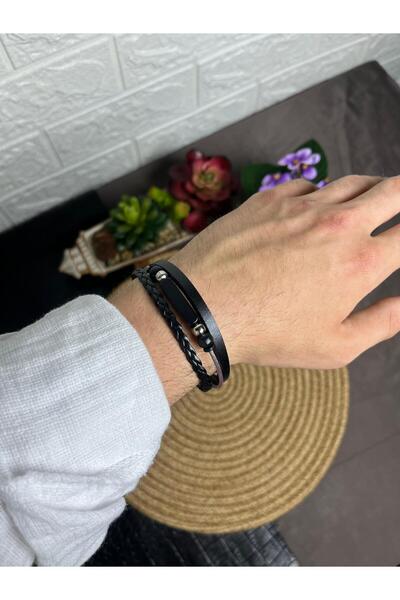 WAKHA Multiple Men's Bracelets with Black Leather and Natural Stone Detailing