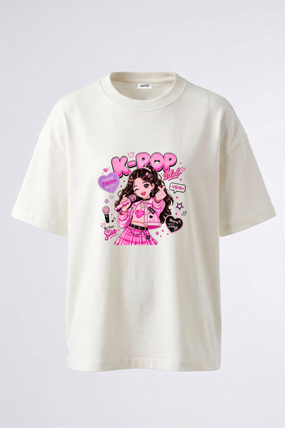 Anetos K Pop Idol Design Back Printed Cotton White Oversize T-Shirt