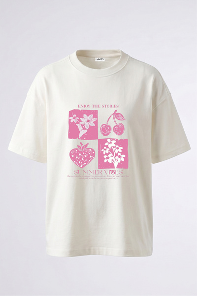 Anetos Summer Fruit Flower Design Back Printed Cotton White Oversize T-Shirt
