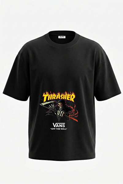 Anetos Tricou oversize negru din bumbac cu imprimeu Grim Reaper Design