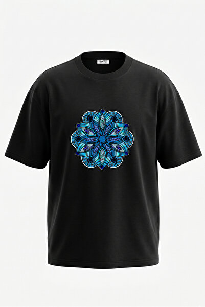 Anetos Tricou oversize negru din bumbac cu imprimeu pe spate Blue Mandala Design