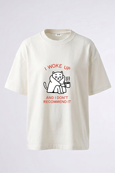 Anetos Sleepy Cat Design Back Printed Cotton White Oversize T-Shirt