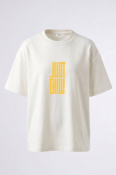 Anetos Tricou oversize alb din bumbac cu imprimeu pe spate Just Chill Design
