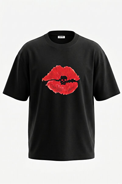 Anetos Μπλουζάκι Skull Kiss Design με στάμπα στην πλάτη, βαμβακερό, μαύρο, ov...