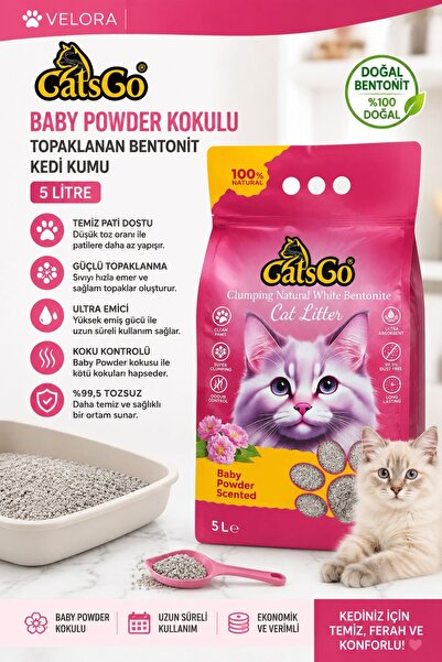 VELORA GRUP CatsGo Baby Powder Kokulu Topaklanan Bentonit Kedi Kumu 5 Lt %99,...