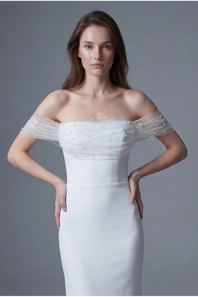 Hazal En Blanc İnci Detaylı Drapeli, Balık Söz Nişan Nikah Elbisesi, Düşük Ko...