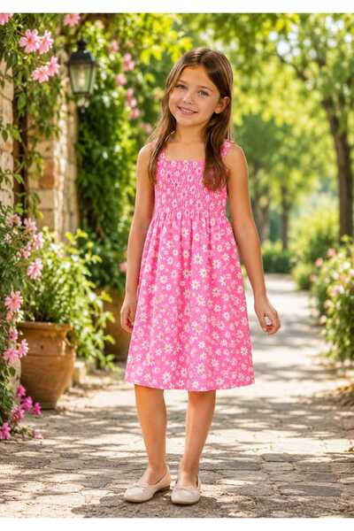 DİĞER1111 KIZ ÇOCUK PEMBE PAPATYA DESENLİ ASKILI YAZLIK ELBİSE