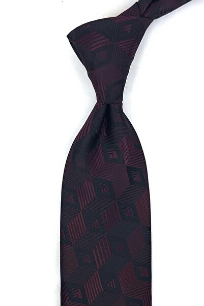 Kravatkolik Burgundy Black Motif Pattern Classic Tie with Handkerchief Kk13786