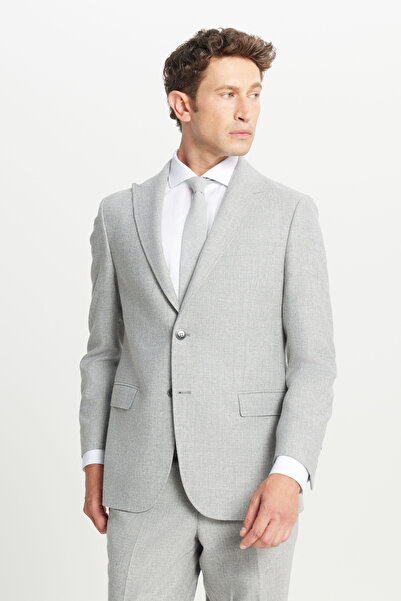ALTINYILDIZ CLASSICS Men's Gray Wool Slim Fit Swallow Collar Patterned Suit w...