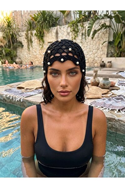 Trend Şapka 19097-5 Crna mrežasta bandana kapa sa perlama