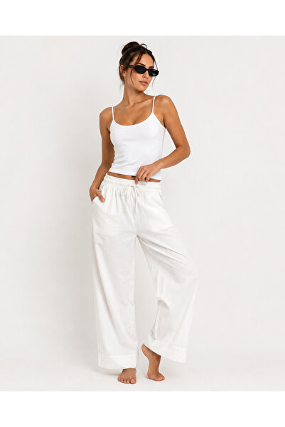 CAN ÇAPAR Women's High Waist Lace-Up Wide Leg Palazzo Trousers with Pockets