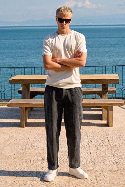 BARRELS AND OIL Men's Vertical Striped Elastic Waist Trousers - Anthracite