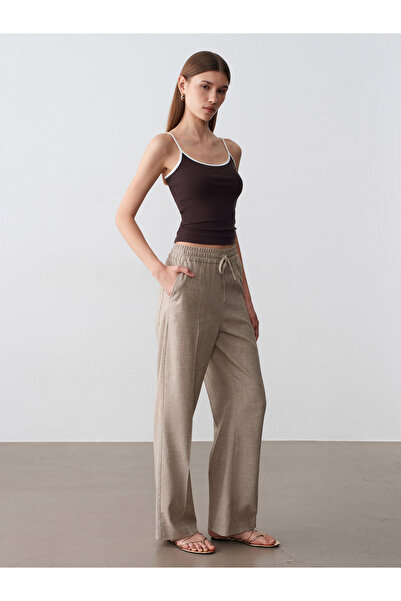 Dilvin 72730 Linen Blend Lace-Up Trousers-Beige