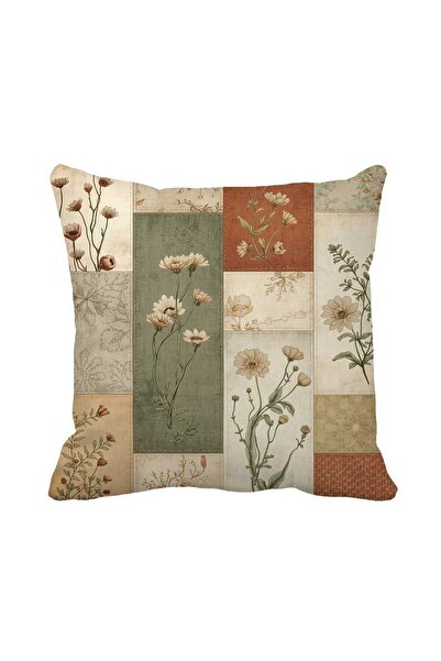 Queen Jera Patchwork Görünümlü Vintage Çiçekli Kırlent Kılıfı 43x43 cm Çift T...