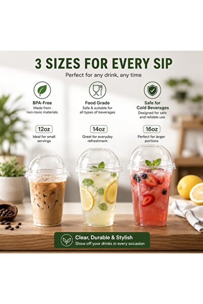 Sunny Your Bright choice Sunny Clear Plastic Cups with Dome Lids & Straws, 16 oz (Pack of 50) – Reusable Transparent Cold Drink Cups for Smoothies, Bubble Tea, Iced Coffee & Juice