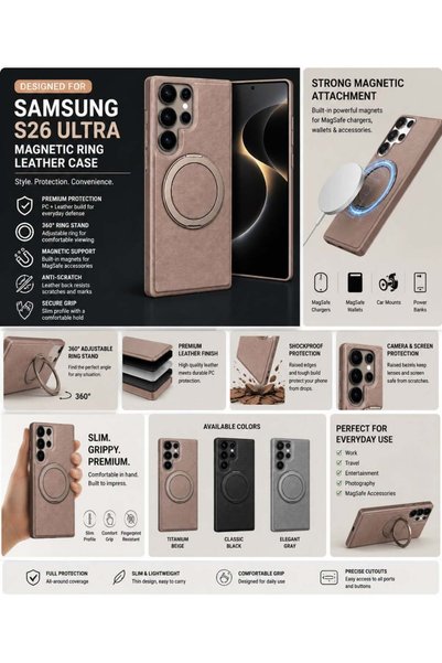 Generic Magnetic Ring Stand Leather Case for Samsung Galaxy S26 Ultra – Shockproof Protective Cover Beige