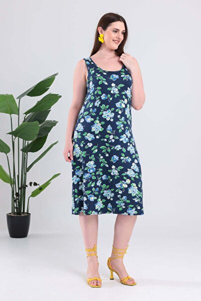 Madwilo Women's Blue Green Floral Pattern Strap Plus Size Dress